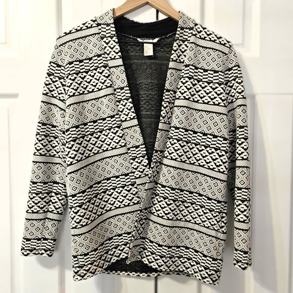 H&M Women's Cardigan Jacket Open Front Black and White Tribal Geometric Print - Picture 1 of 7